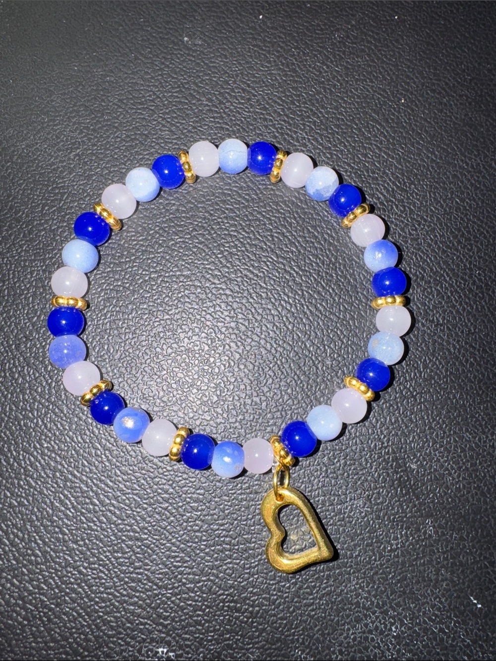 Blue & Light Pink Beaded Stretch Bracelet with Gold Heart Charm